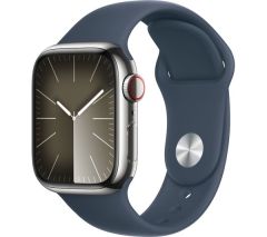 APPLE Watch Series 9 Cellular - 41 mm Silver Stainless Steel Case with Storm Blue Sports Band, S/M - MRJ23QA/A