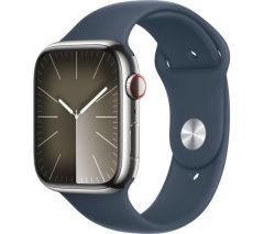 APPLE Watch Series 9 Cellular - 45 mm Silver Stainless Steel Case with Storm Blue Sport Band, S/M - MRMN3QA/A